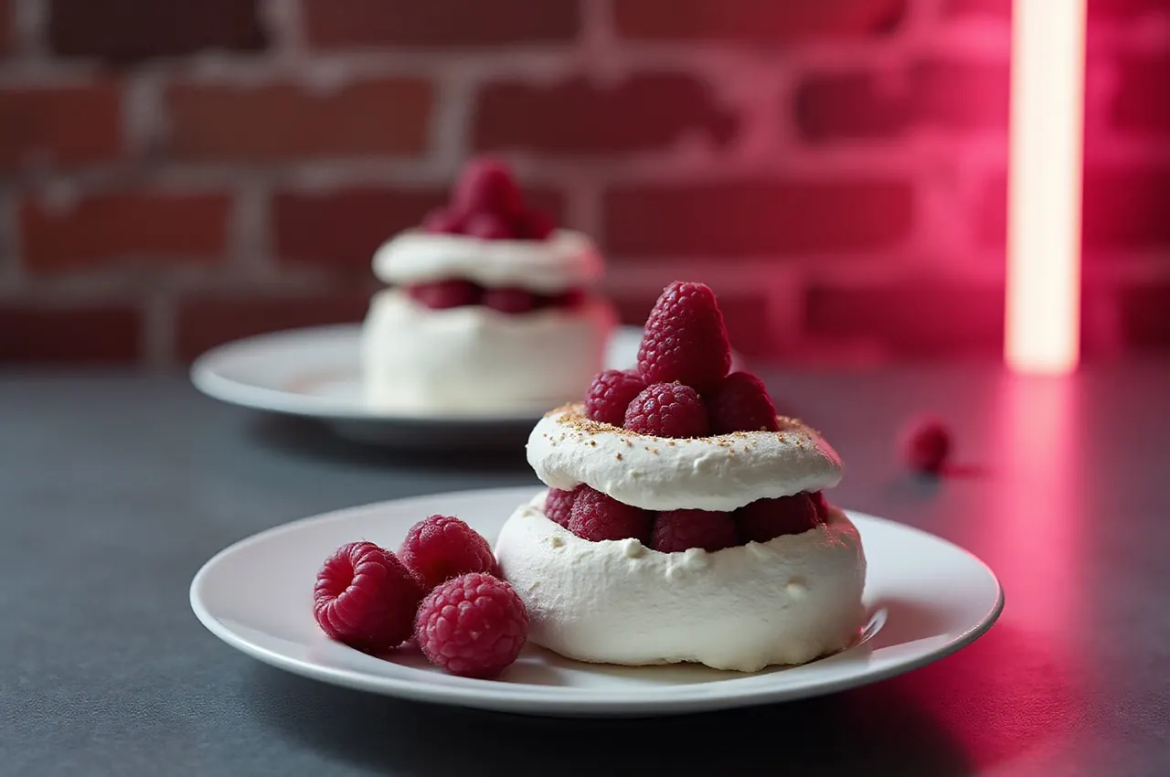 Pavlova z malinami i kremem w zbliżeniu