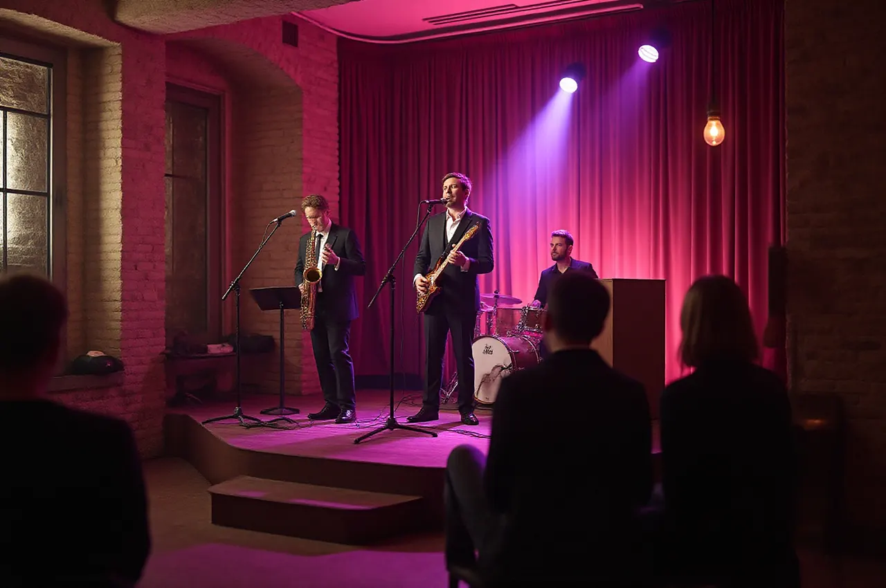 Trio jazzowe gra na małej scenie w loungeu, goście słuchają przy stolikach