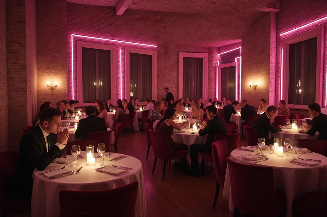 Wieczorna sala loftu z cegłą i śliwkowym aksamitem, eleganccy goście przy stolikach oświetlonych świecami i różowym neonem
