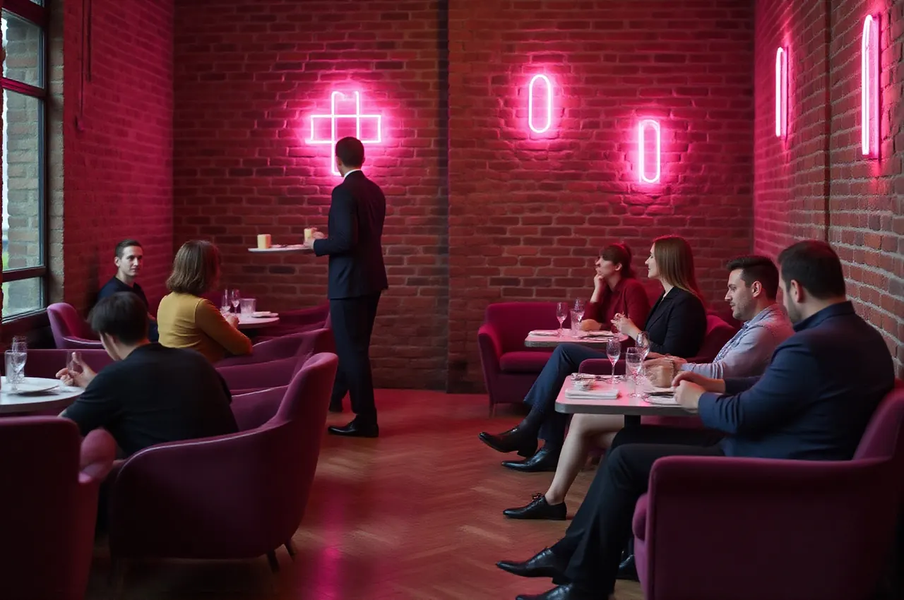 Goście odpoczywający w głębokich fotelach w lounge’u po kolacji, kelner podaje drinki